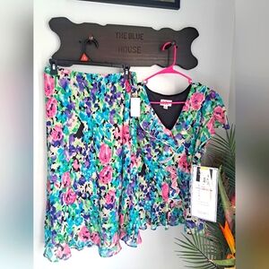 R&K Originals Missy Structure  2Pcs Cascade Blk/ Teal Skirt Set $70 MSRP  New